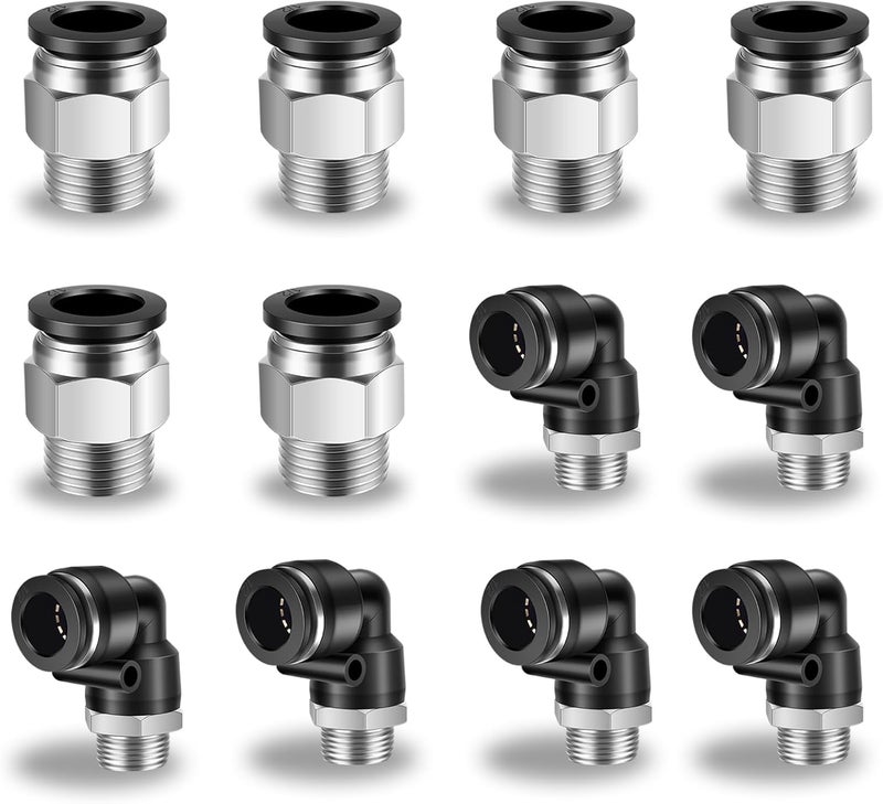 cnaodun 12 Pcs Push to Connect Fittings 1/2 Inch Tube OD x 3/8 Inch NPT Thread Pneumatic Male Straight and Elbow Quick Connect Air line fittings - Image 1